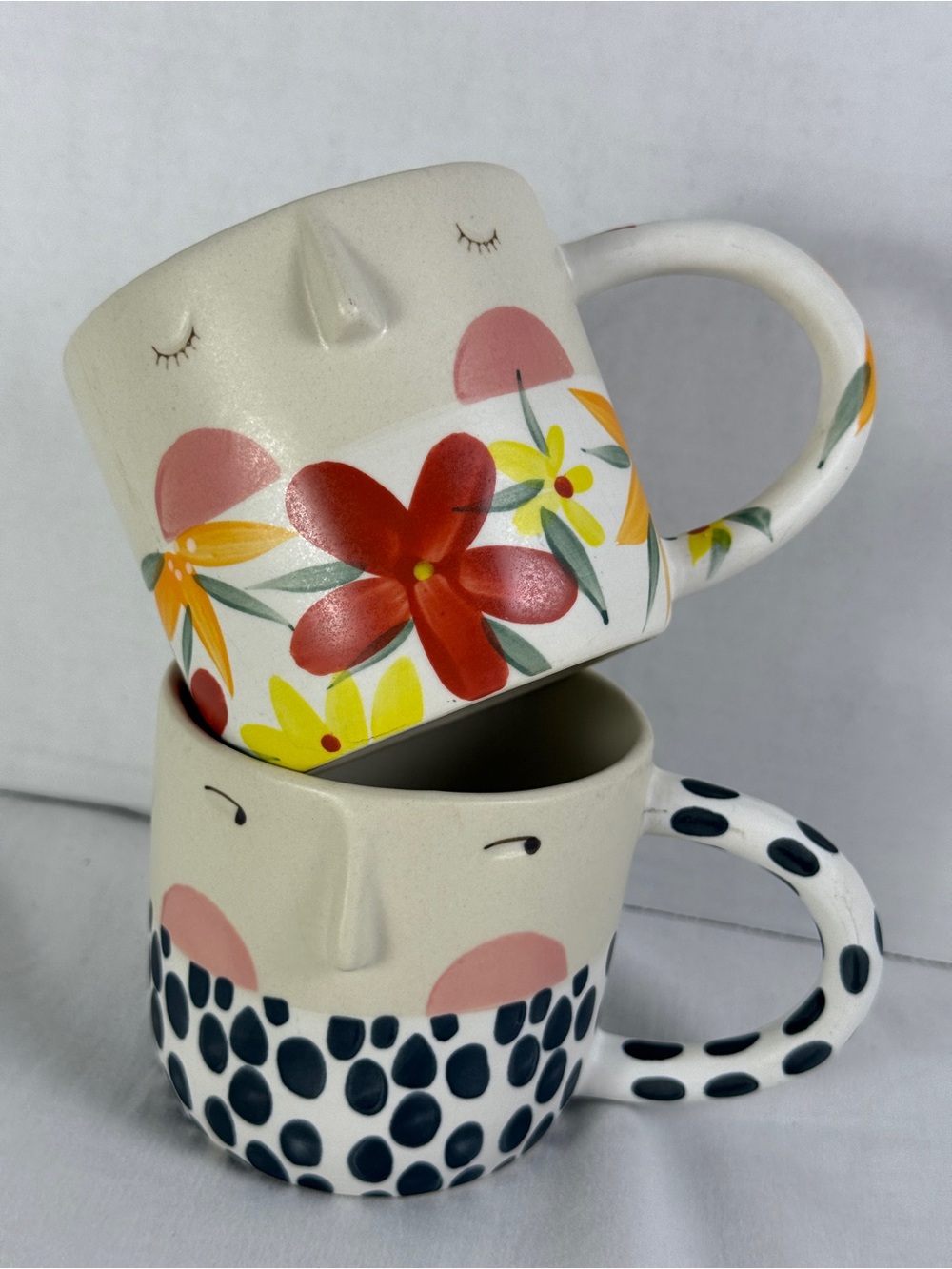 Set of 2 Anthropologie visage Fotini Tikkou coffee tea mug cup whimsical faces